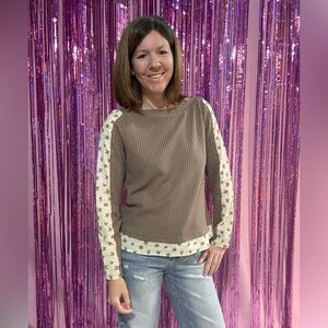 NWT BiBi Taupe and Cream floral Long Sleeve Top